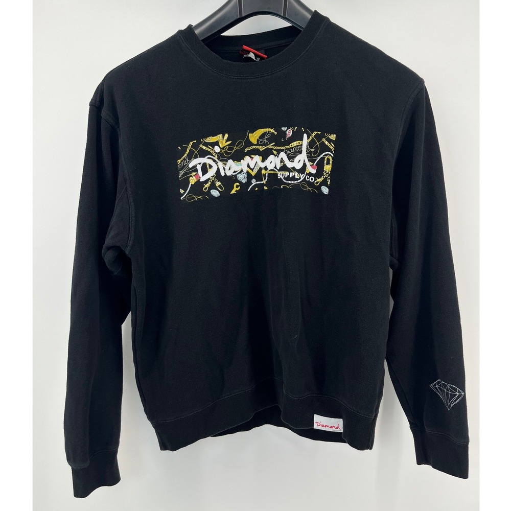 Diamond Supply Co Sweatshirt Mens L Black Graphic Crewneck Gold Chain Skate
